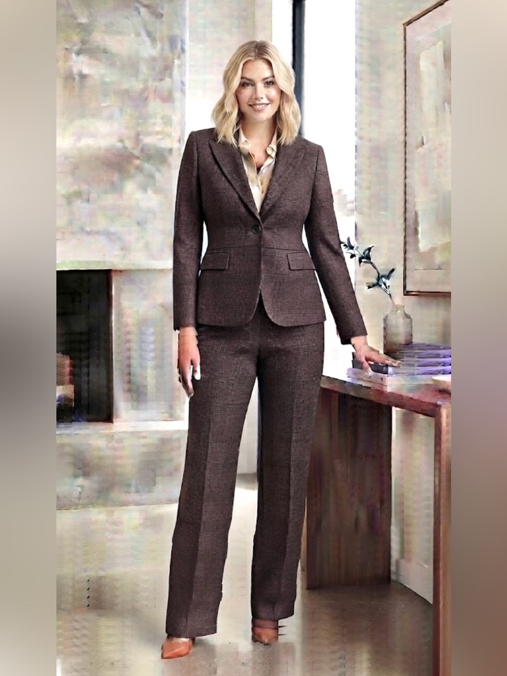 🔴 Women's Tailored Brown Plaid Suit Jacket & Trouser Set-16